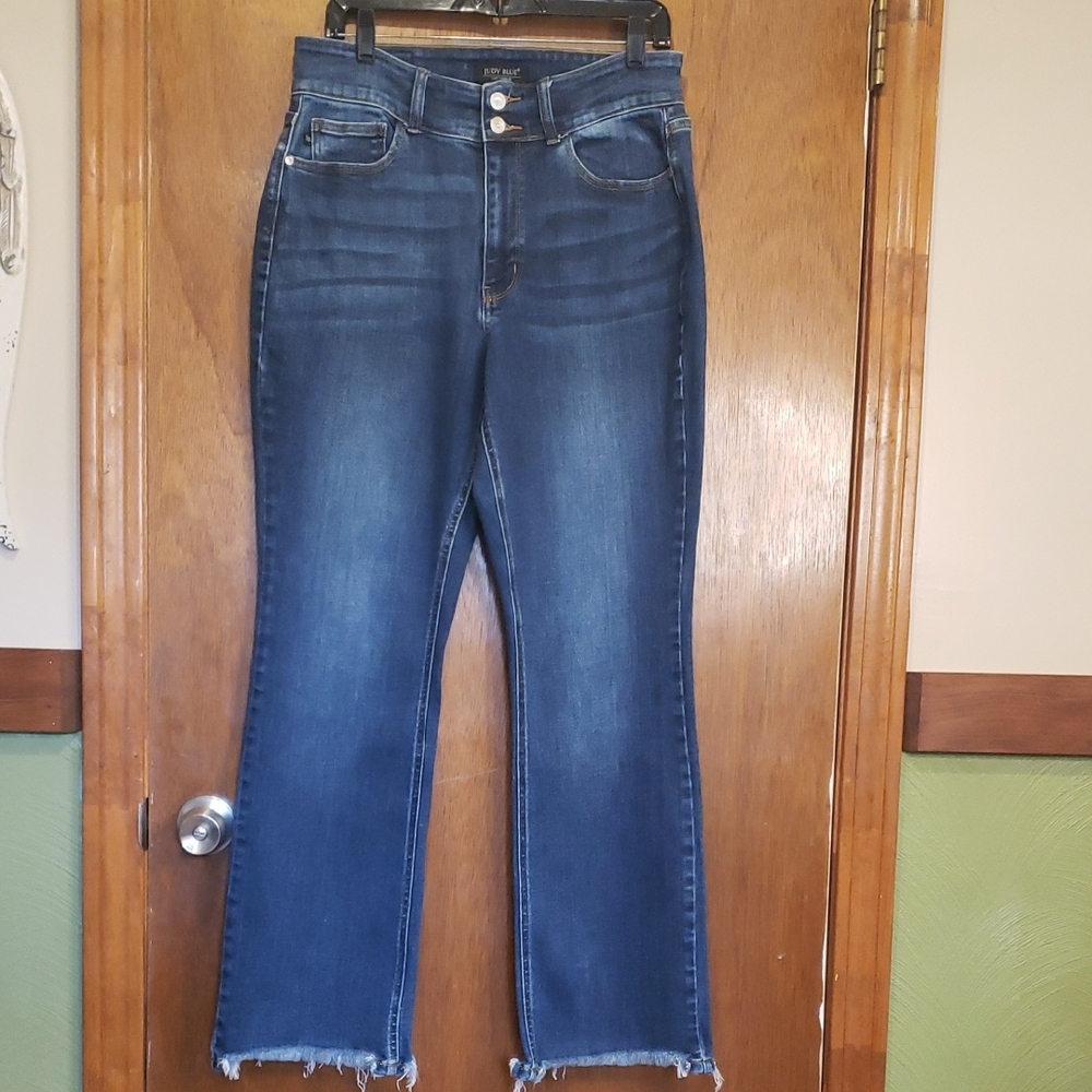 Judy Blue Dark Blue High-Rise Flare Jeans with Raw Hem